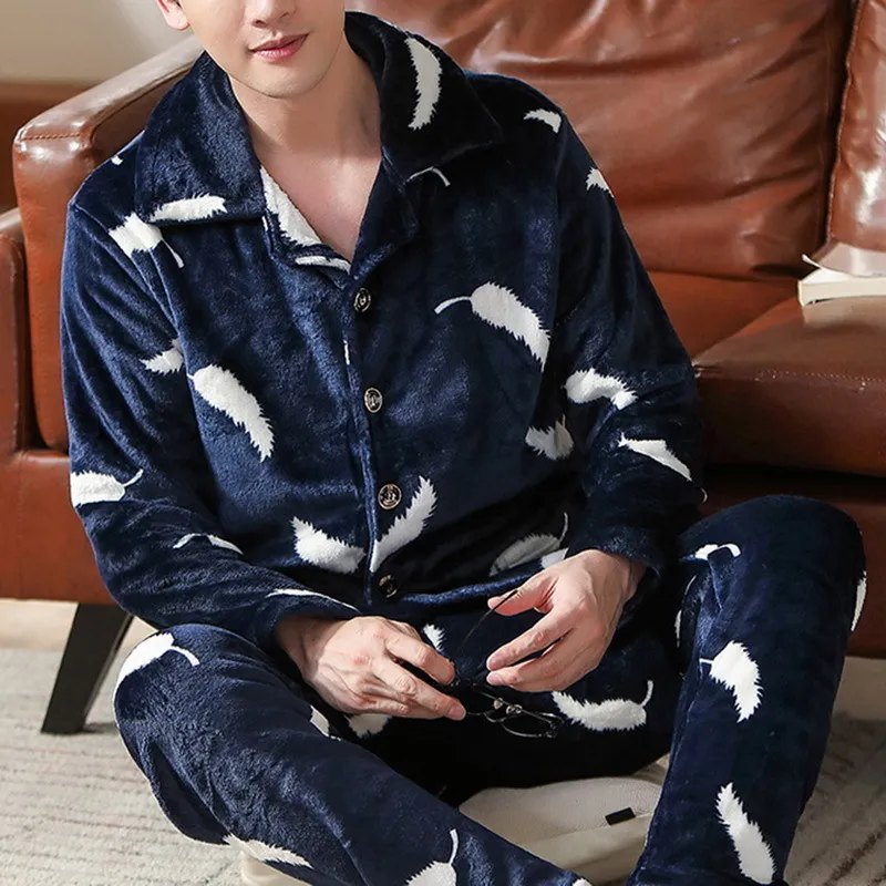 Wenyujh inverno engrossar quente macio flanela pijama conjuntos homens noite pijamas masculino manga longa pijama sleepwear terno casual homewear lj201113