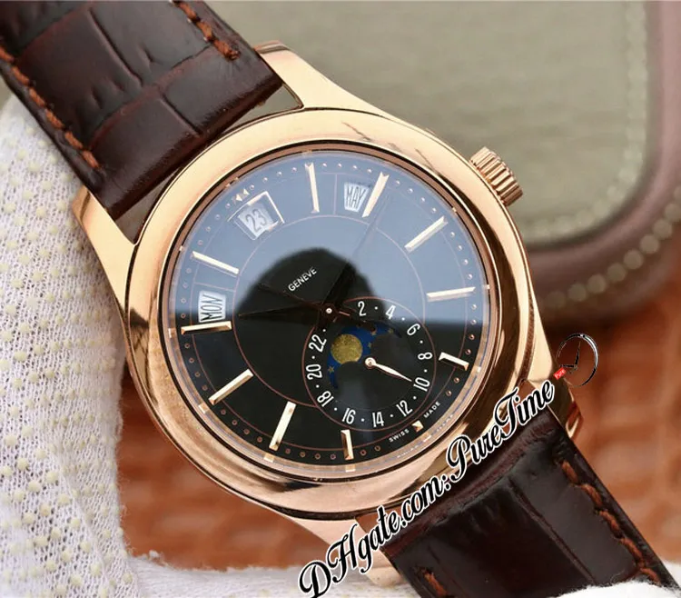 KMF Complications Annual Calendar Cal 324SC Automatic Mens Watch Rose Gold 5205R-010 Black Dial Moon Phase Leather Strap Watches S251n