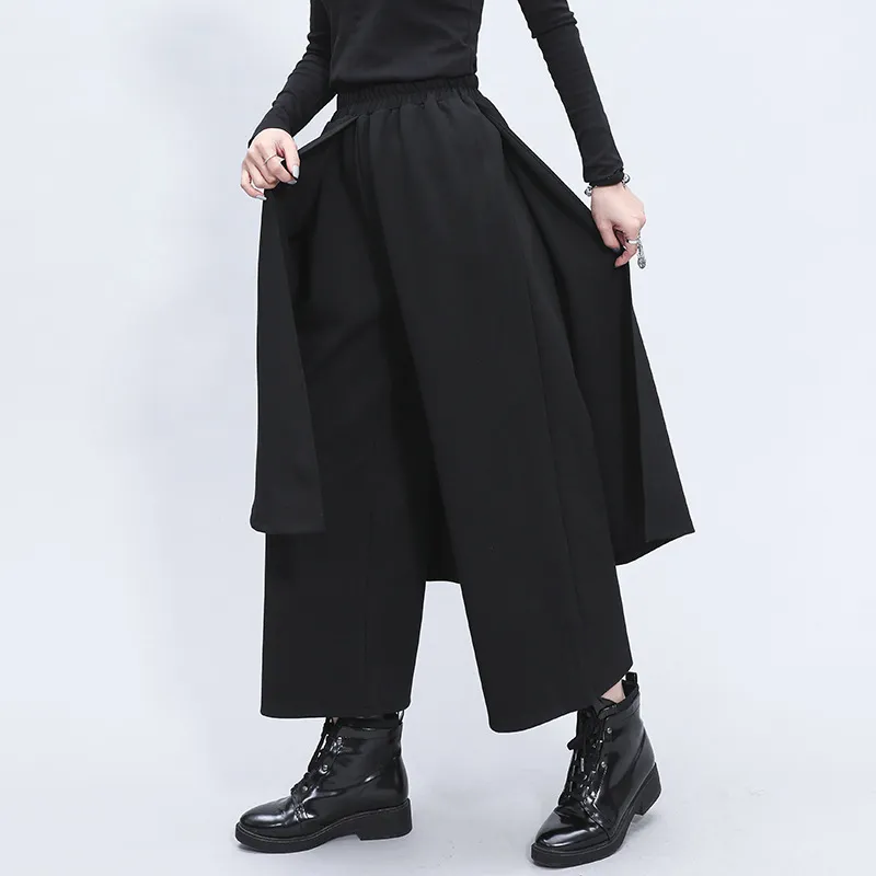[EAM] taille haute élastique noir fendu Joint longue jambe large pantalon nouveau pantalon coupe ample femmes mode printemps automne 2020 LJ201029