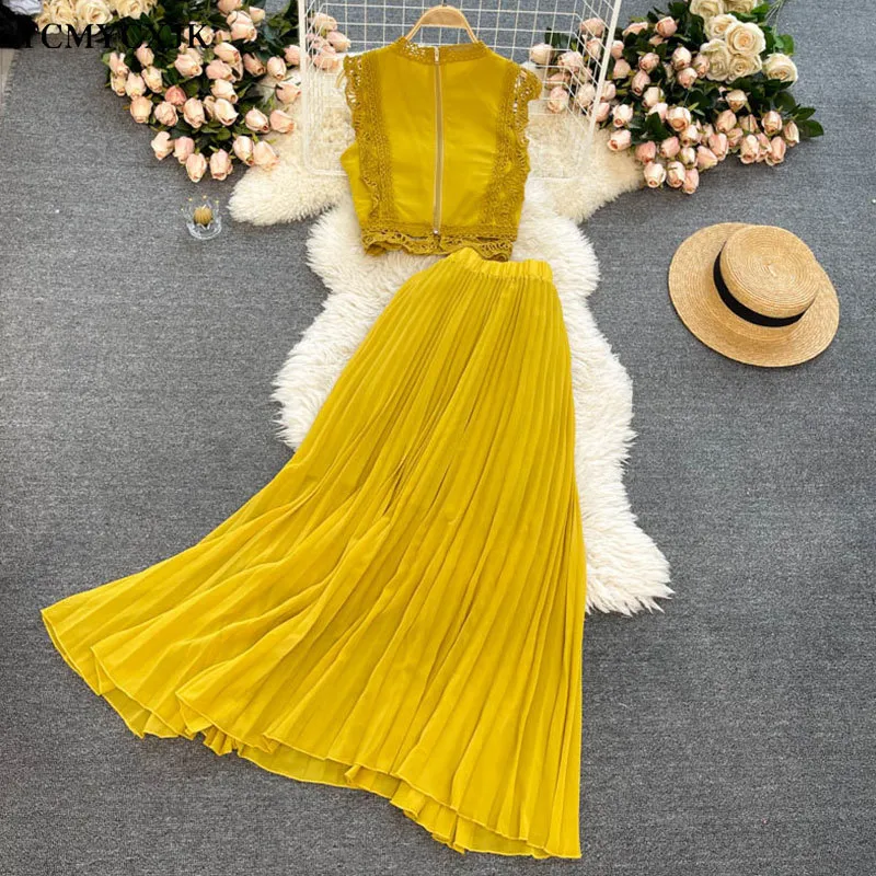 Holiday Suits For Women Skirts Summer Lace Women Top High Waist Pleated Chiffon White Skirt Women 2 Pices Set Beach Dress 220311