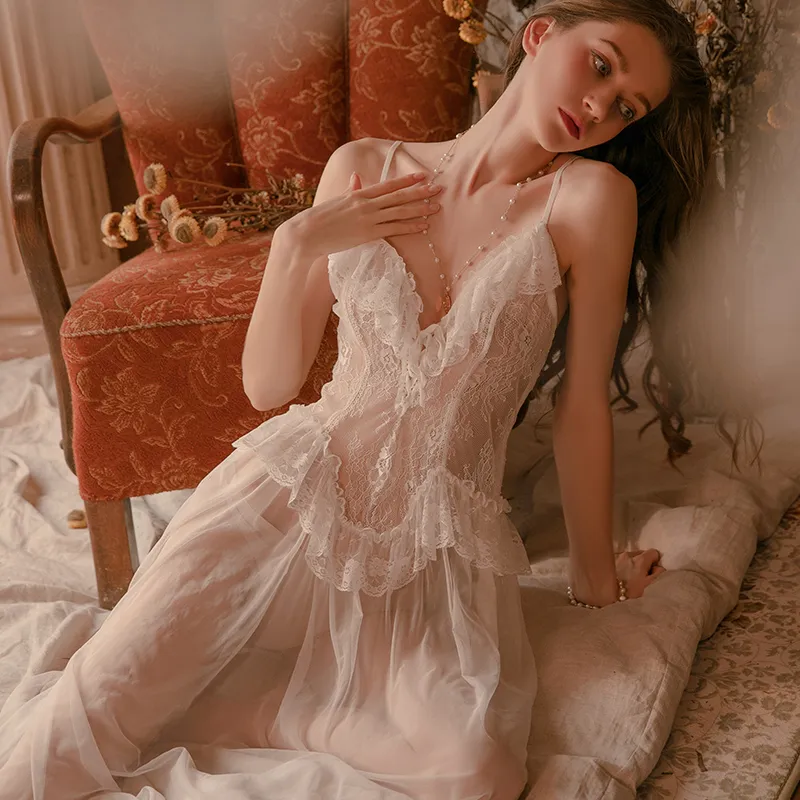 Victoriaanse jurk lange gewaden voor vrouwen nachtkleding sexy lingerie kant bruidsmeisje gewaden sets geschenken dressing nachthemd thuis pak jurk 220216