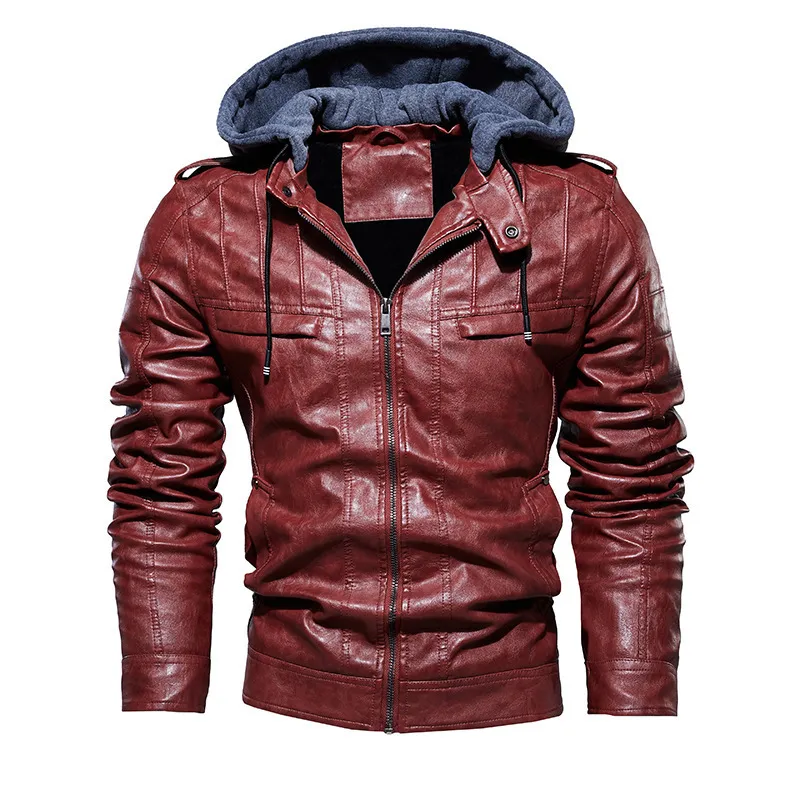 Jaqueta de couro para homens com zíper com capuz de casaco de capuz de inverno casaco de motocicleta fino roupas de moda fora de moda fora de tamanho 4xl 201128