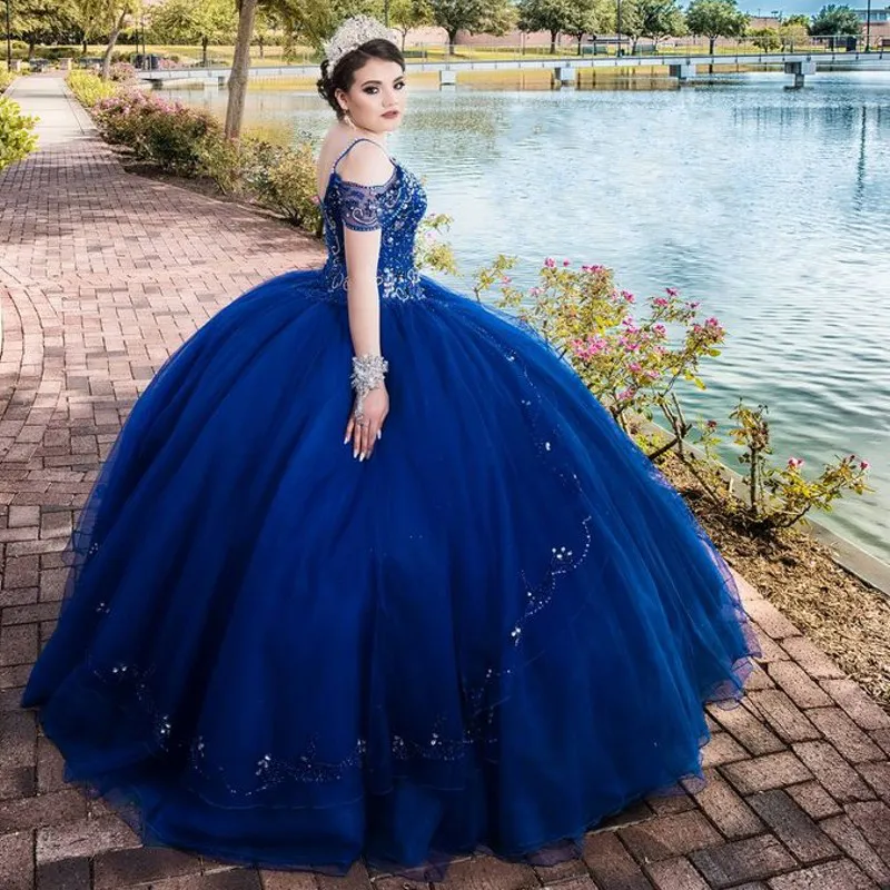 Royal Blue Beads Crystal Quinceanera Dresses Puffy Skirt Vestidos Para XV A os Sweet 16 Dress robe de soiree3095