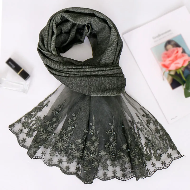 Модные новые весенне-зимние шарфы для женщин, шали и накидки, женские простые кружевные цветочные повязки на голову из пашмины, мусульманский хиджаб, палантины 201018236E