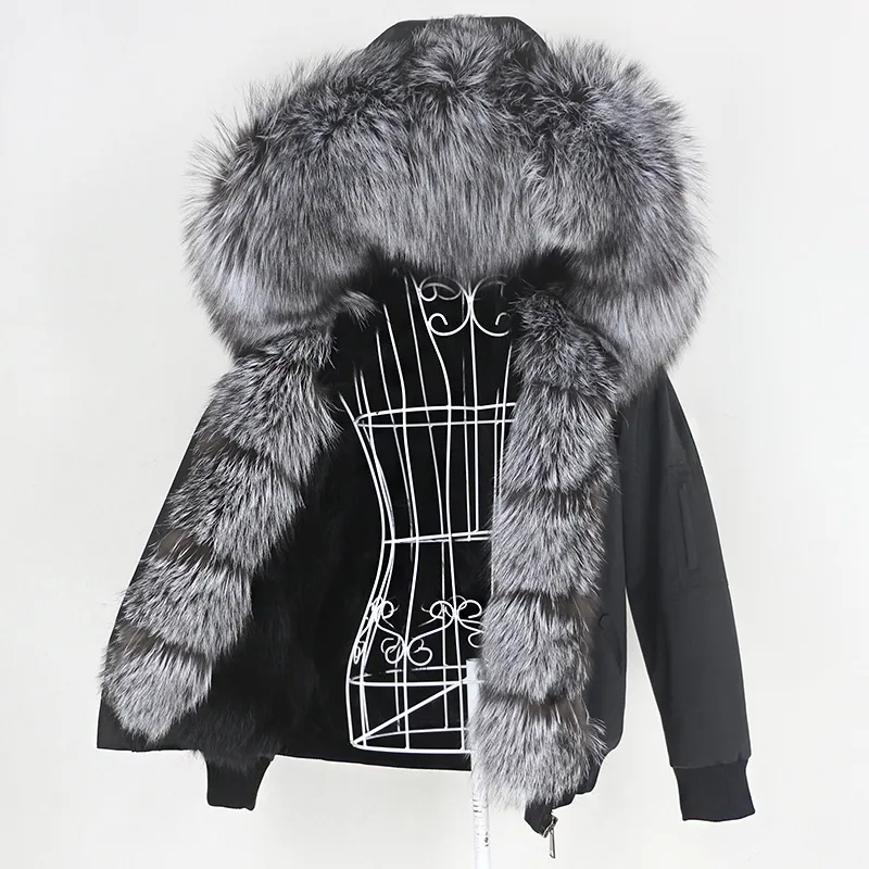 Vattentät bombplan Short Parka Winter Jacket Kvinnor Real Fur Coat Natural Päls ytterkläder Huven tjock varm streetwear 201126