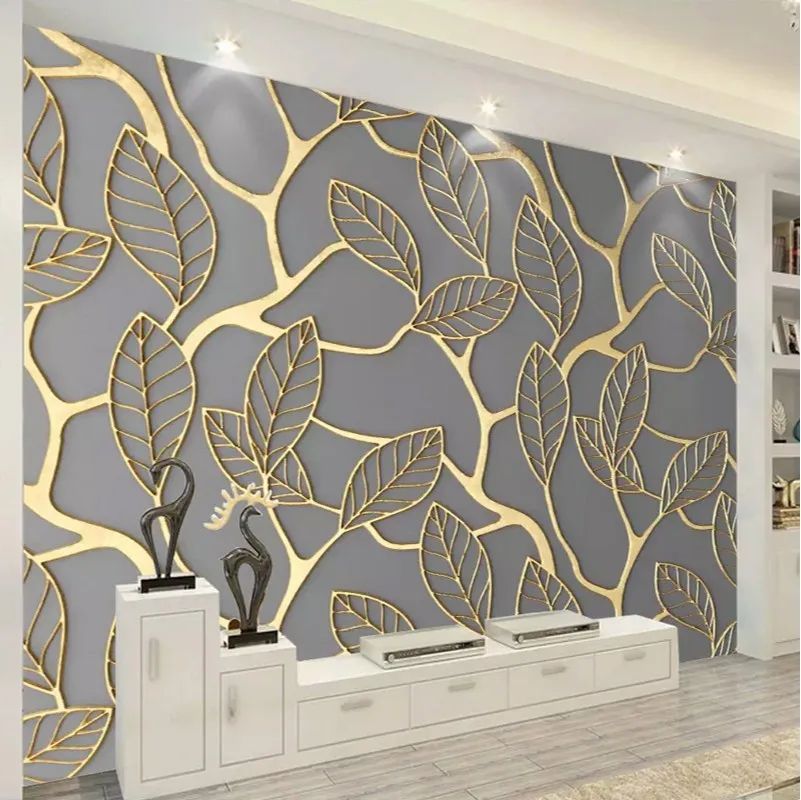 Benutzerdefinierte Po Tapete Wandmalereien 3D Stereoskopische Goldene Baum Blätter Kreative Kunst Wohnzimmer TV Hintergrund Tapeten Wohnkultur3190
