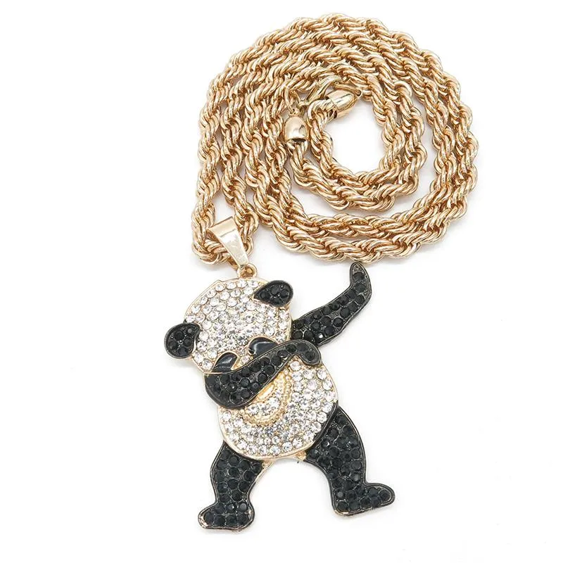 Collane con ciondolo color oro strass lusso hip hop danza divertente animale panda ghiacciato roccia gioielli da uomo regali1327N