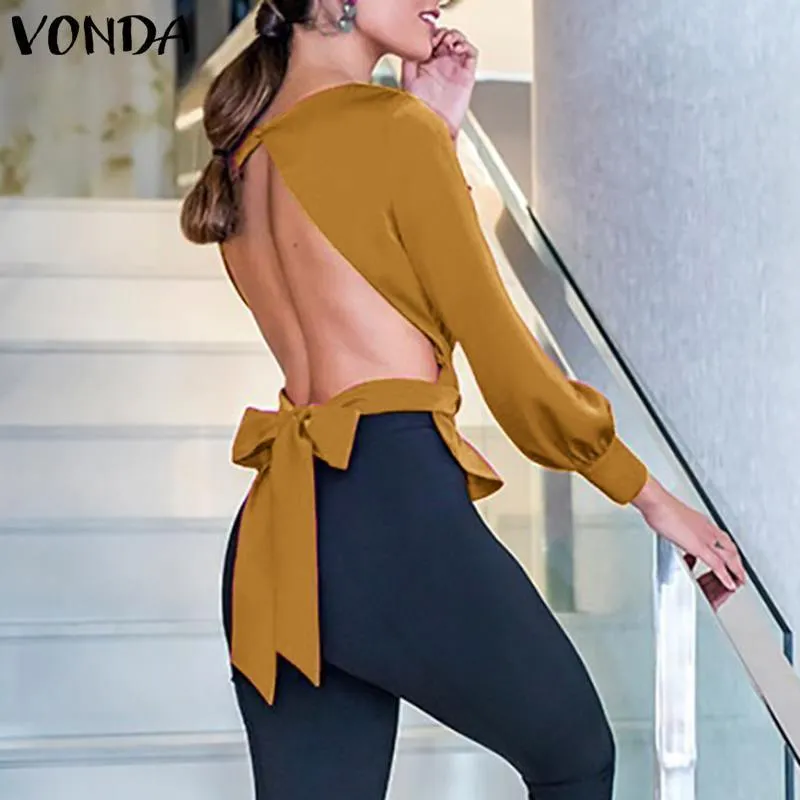 2019 Vonda Summer Women Backless Bluzka Sexy Club Tops Vintage Causal Bowknot Bluzja