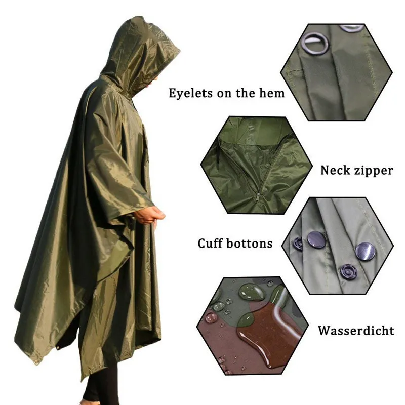 3 en 1 extérieur militaire imperméable imperméable manteau de pluie hommes imperméable femmes auvent de la pluie moto pluie poncho tapis de pique-nique 20215U