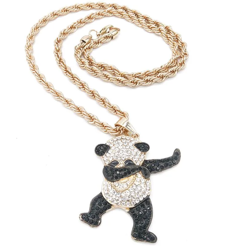 Hänge halsband guld färg strass lyxig hip hop dans rolig djur panda is ut sten för mens smycken gåvor1266h