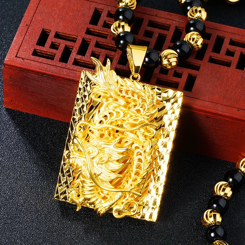 Cadeaux entiers soigneusement sculptés chinois jaune 24k Gold Dragon Black Obsidian Collier Pendant Men Bijoux 20101371463591173405