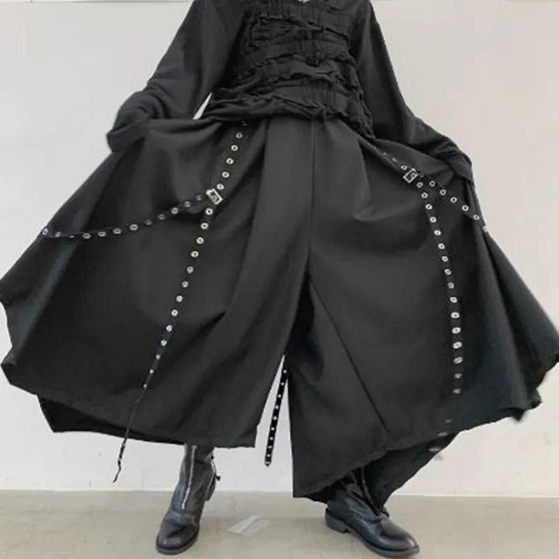 Men Ribbon Dark Black Wide Leg Male Women Japan Punk Gothic Harem Trousers Kimono Skirt Pants 201222