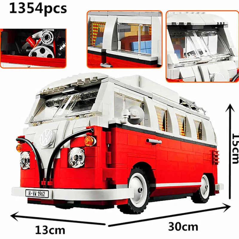 Compatível 10220 Technic Series VW T1 Camper Van Blocos de construção Modelo de carro Tijolos Ônibus 21001 Conjunto de brinquedos infantis AA220303 AA220303