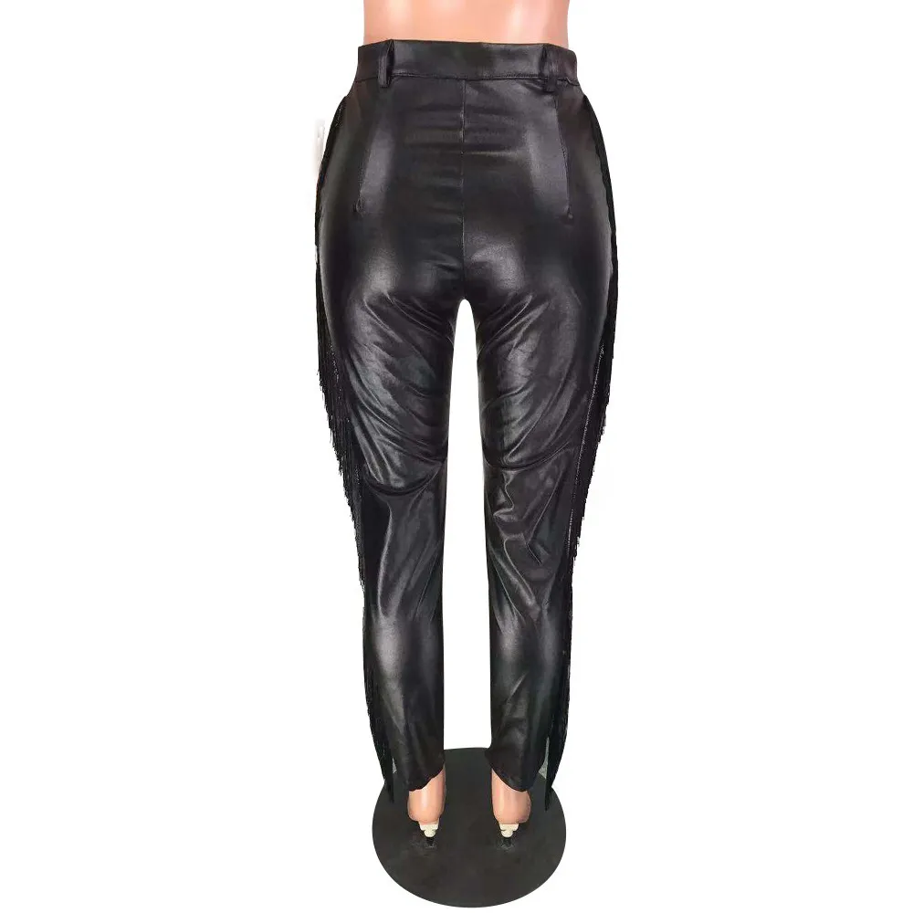 Casual Calça Negra Mulheres Slim Borlas Alto Elástico Pu Couro Pencil Calças Outono e Inverno Sexy Calças Clube Wear Streetwear 201109