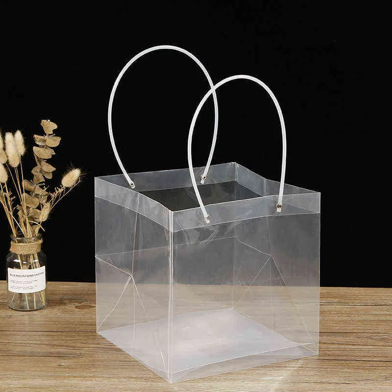 Natal transparente flores maçã presente quadrado fundo plástico saco de compras presente buquê de compras cx220122