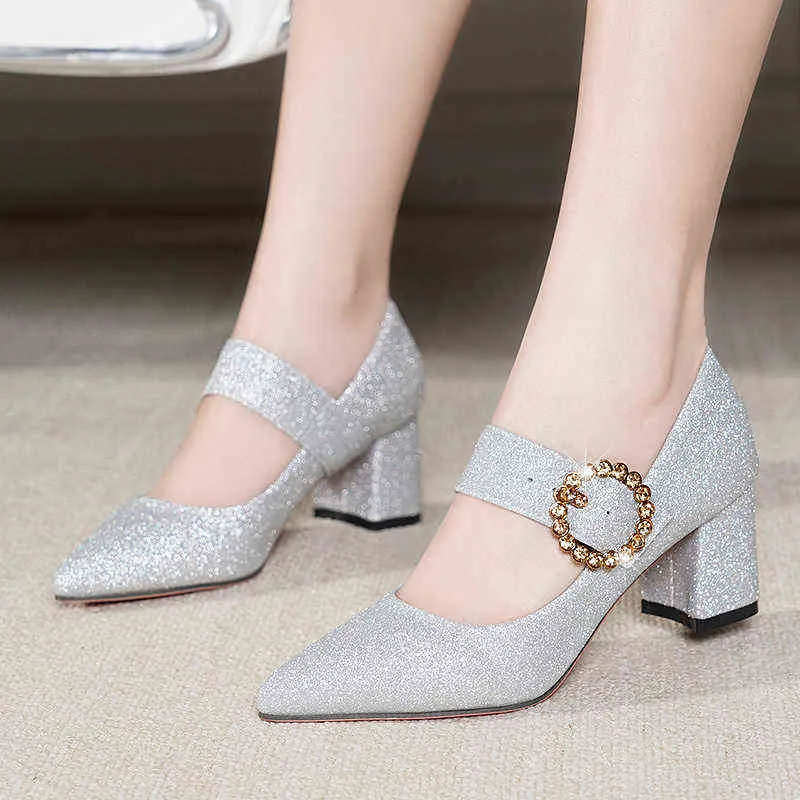 Chaussures habillées Mary janes chaussures femme paillettes cristal boucle en métal bout pointu escarpins habillés mode tout match gros talons hauts 6cm confortable femme 220315