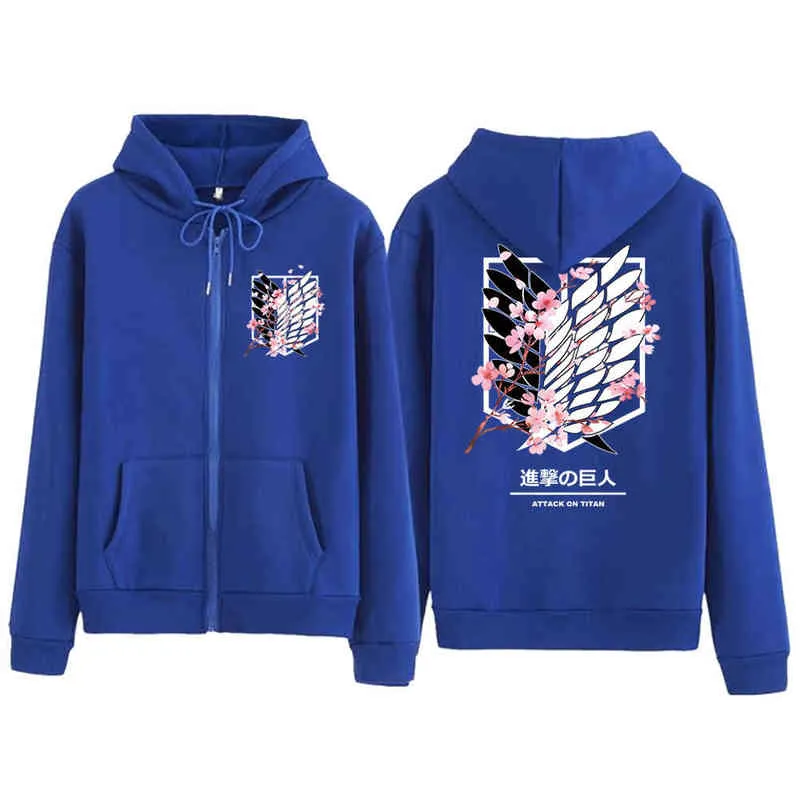 Anime Attaque sur Titan Hoodies Levi Ackerman Mikasa Cherry Blossom Sweat Veste Avec Fermeture Éclair Sudadera felpa moletom H1227