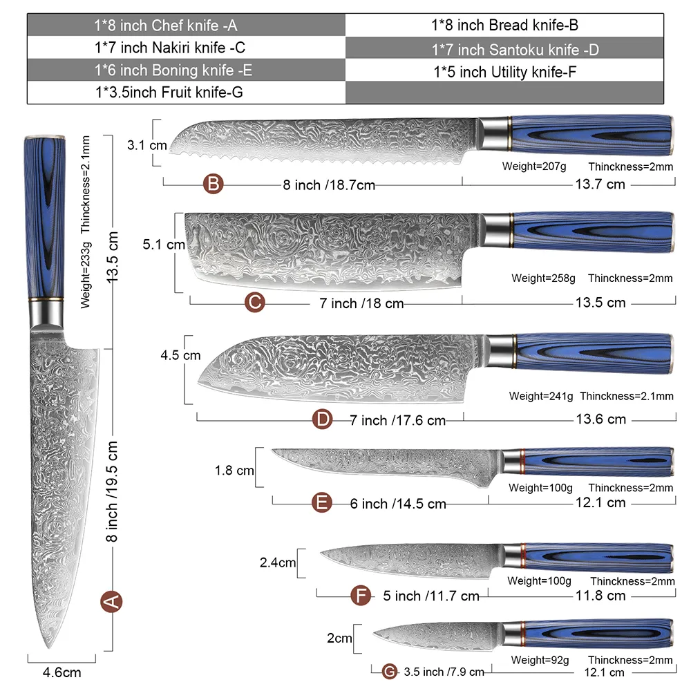 XITUO VG10 damas acier couteau de cuisine ensemble 1-7 pièces luxe bleu G10 poignée tranchante damas Chef couteau couperet Santoku couteau