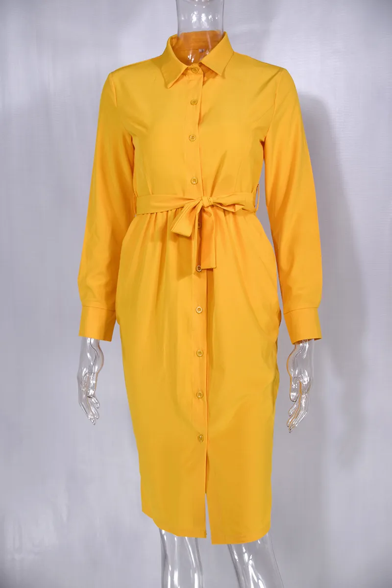 Moda z długim rękawem Przyciski Koszula Sukienka Kobiety 2020 Jesień Casual Żółty Zielony Vintage Duszki Dresses Femme Robe X0521