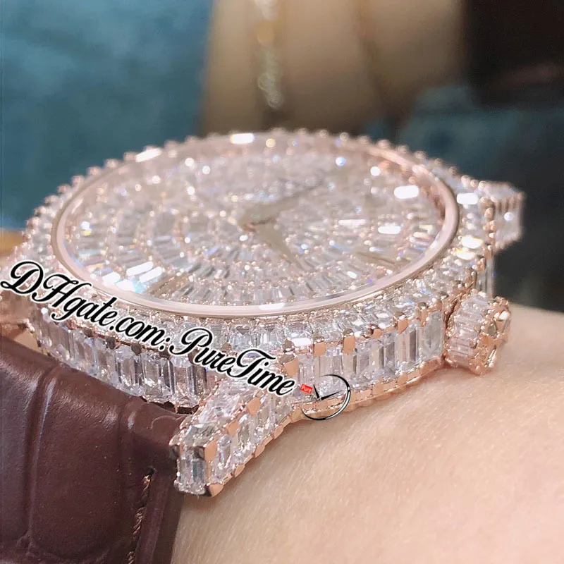 DMF Traditionnelle 82760 000g Miyota 9015 Mens Amens Watch Full Paved Diamonds Dial Rose Gold Brown Leather Edition Puret265H
