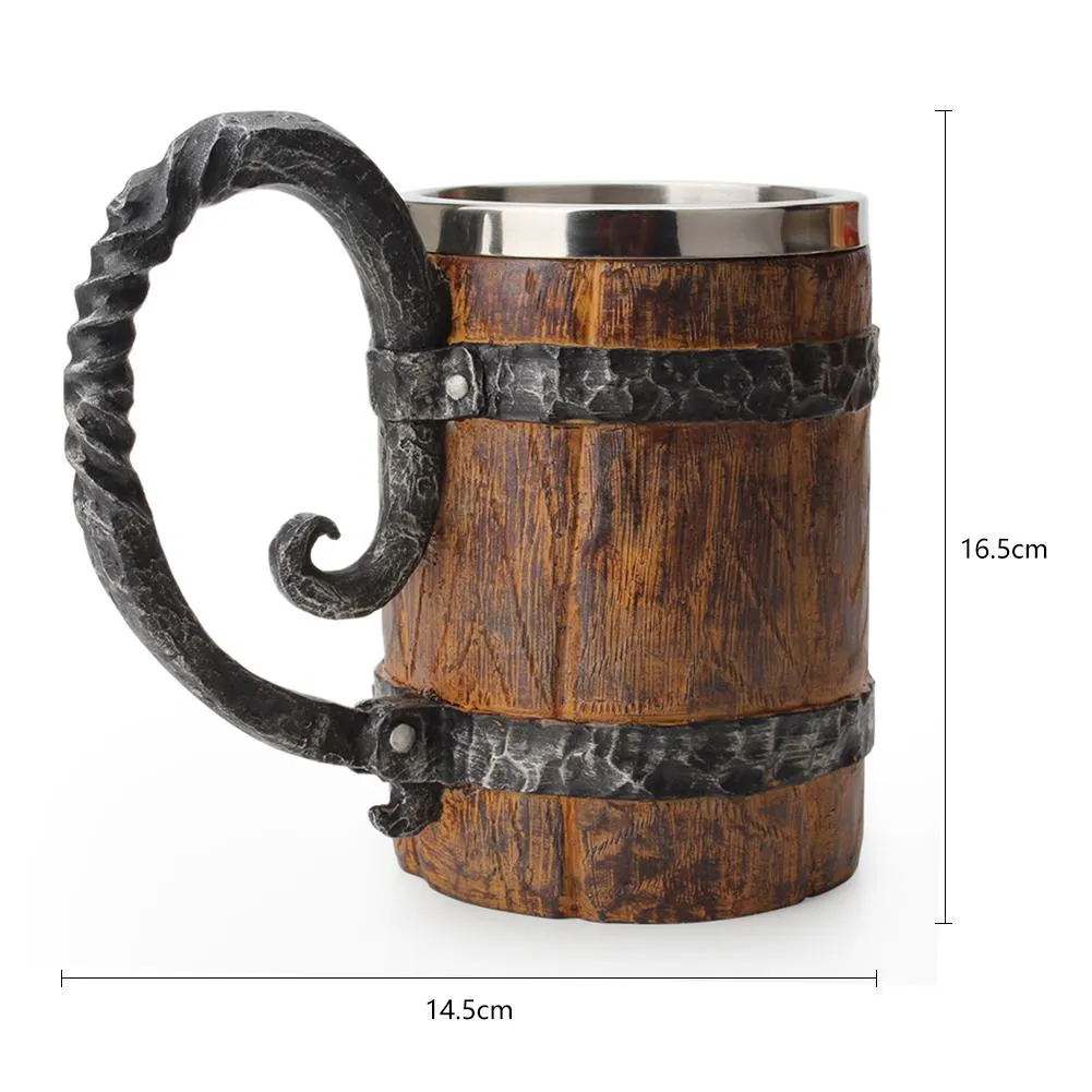 Simulation Wood Style Beer Mug as Christmas Gift Big Drinking Mug Barrel Beer Cup Double Wall Metal Insulated318g