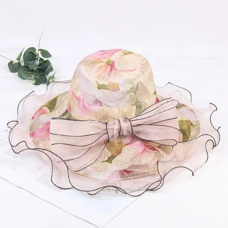 Mode kvinnor Big Bow Wide Brim Streak Cap Summer Floral Sunhat Kentucky Derby Church Mesh Hat Y200714