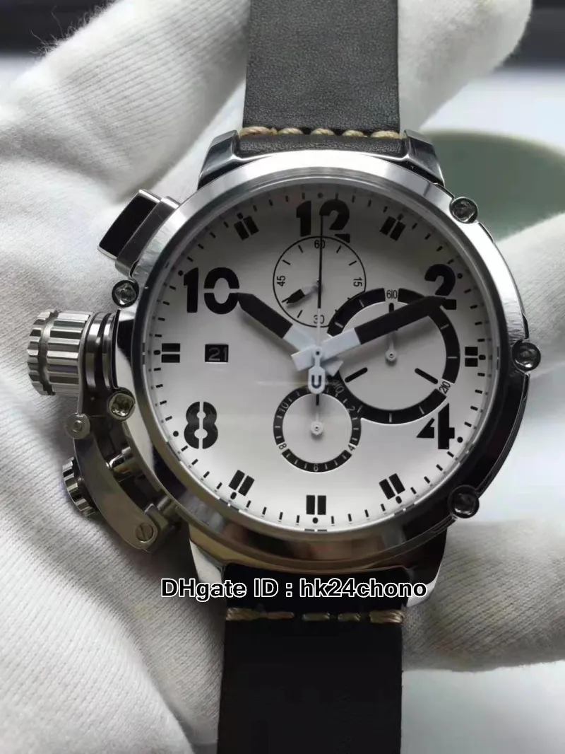 新しい時計スチールケースブラックダイヤルU51 U-51 50mmクォーツクロノグラフメンズウォッチレザーストラップチメラ7474高品質のGentsスポーツW307o