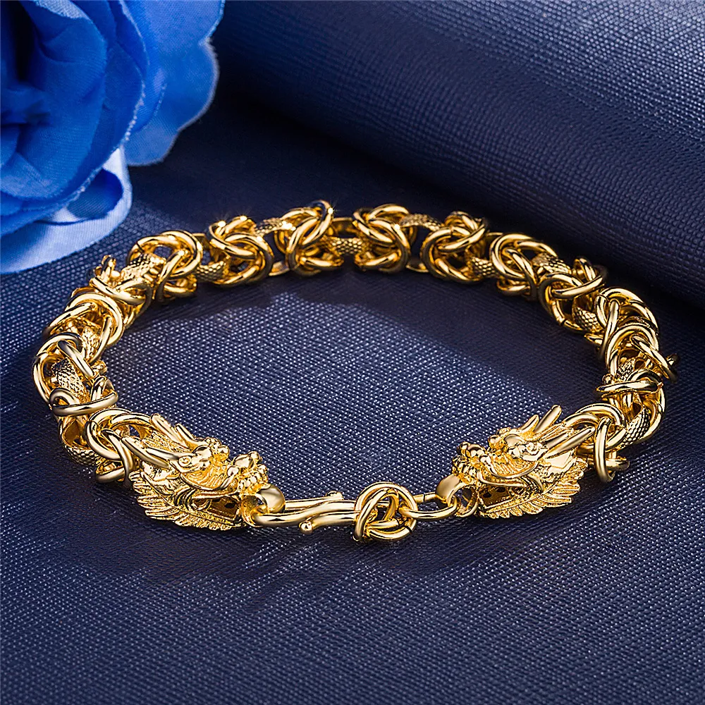 Men039s bracelet en or plaqué cuivre de haute qualité 24K dominateur double dragon bracelets plaqués or bijoux pour hommes 47773919243387