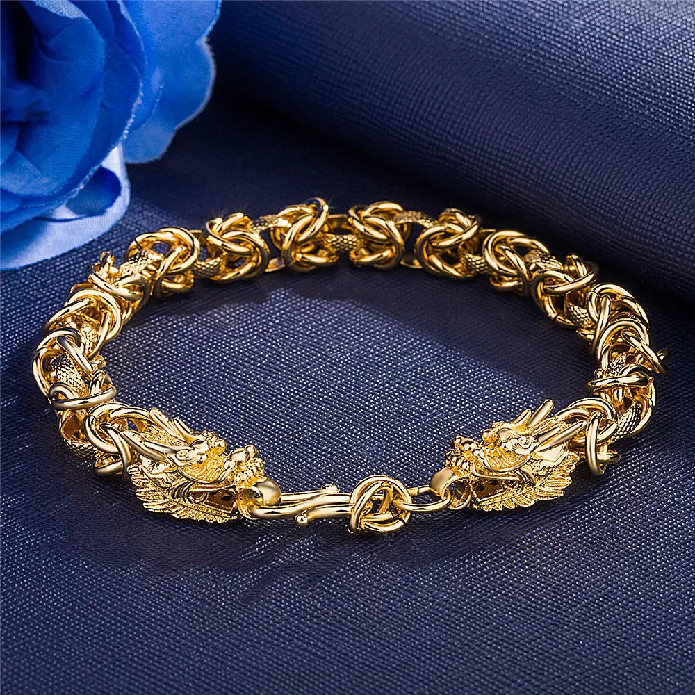 Men039s high quality copper plated 24K gold bracelet Domineering double dragon goldenplated bracelets Men jewelry47773914822449