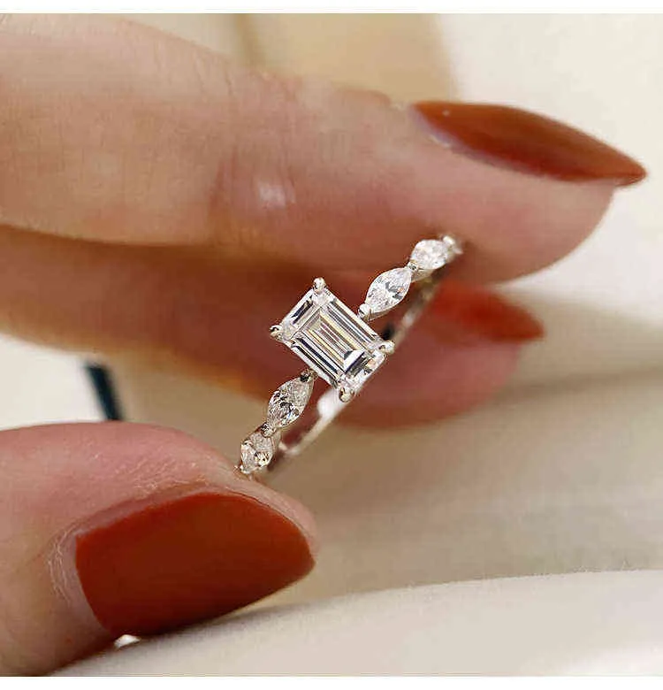 Elsieunee 100% 925 esterlina corte esmeralda simulado anel de casamento com diamante moda joias finas presente para mulheres atacado 211217
