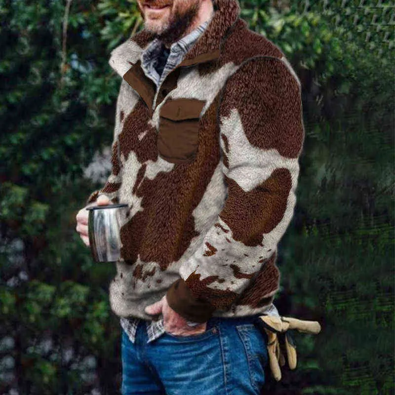 Fashion Warm Woolen Jumpers Autumn Camouflage Lång ärm Löst tröja Vinter Casual Fleece Turn-Down Collar Men Tops Pullover 220125