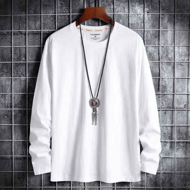 100% algodão outono primavera moda oversized preto branco camiseta masculina manga longa casual o pescoço camiseta para homem top tees 220118