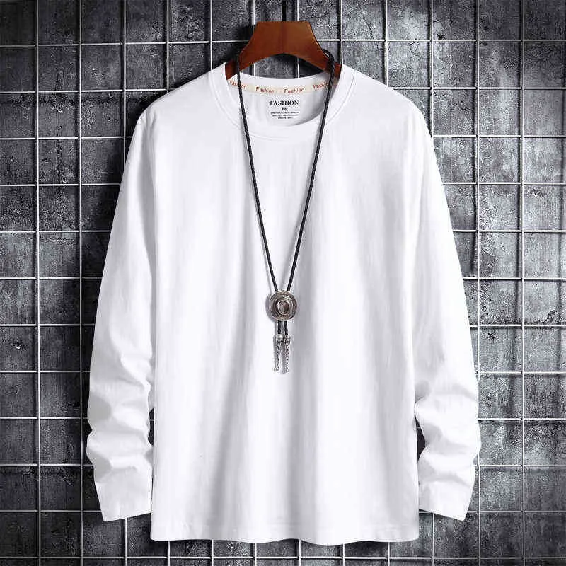 100% Cotton Autumn Spring Fashion Overized Black White Tshirt Men's Long Sleeve Casual O Neck T-shirt för Man Top Tees 220118