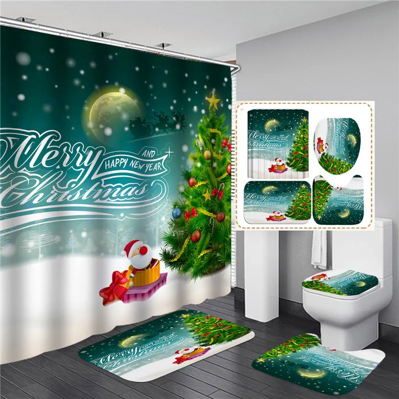 赤いサンタクロースプリントクリスマスシャワーカーテンセットバスマット滑り止めカーペットバスルームのパーティション防水家の装飾201128