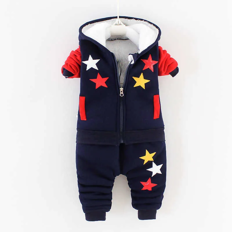 Zima Baby Boys Odzież Zestawy Cartoon Toddler Dziewczyny Ciepłe Kapturem Płaszcze Spodnie Suit Kids Grube Dres Ubrania Zestaw 211224