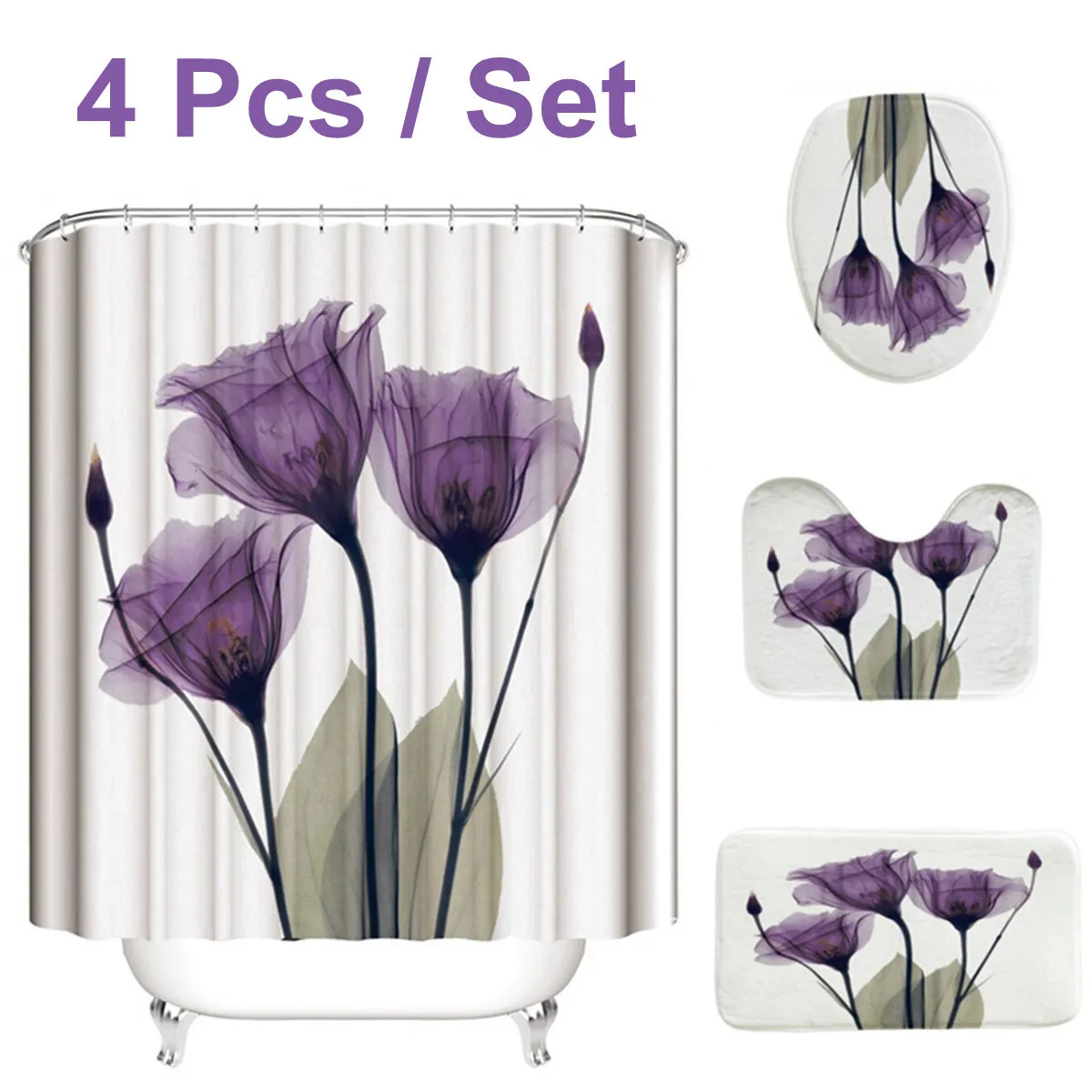 Flannel Surface Bathroom Mats Shower Curtain NonSlip Rug Lid Toilet Cover Bath Mat Set Purple Flowers Print Decor Home T20077442135