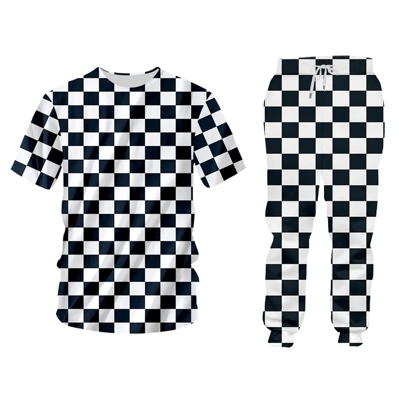 UJWI Black and white plaid Checkerboard Casual Streetwear Sweatshirt And Pants Crewneck Hoodie Pullovers Men Women Tracksuit LJ201125