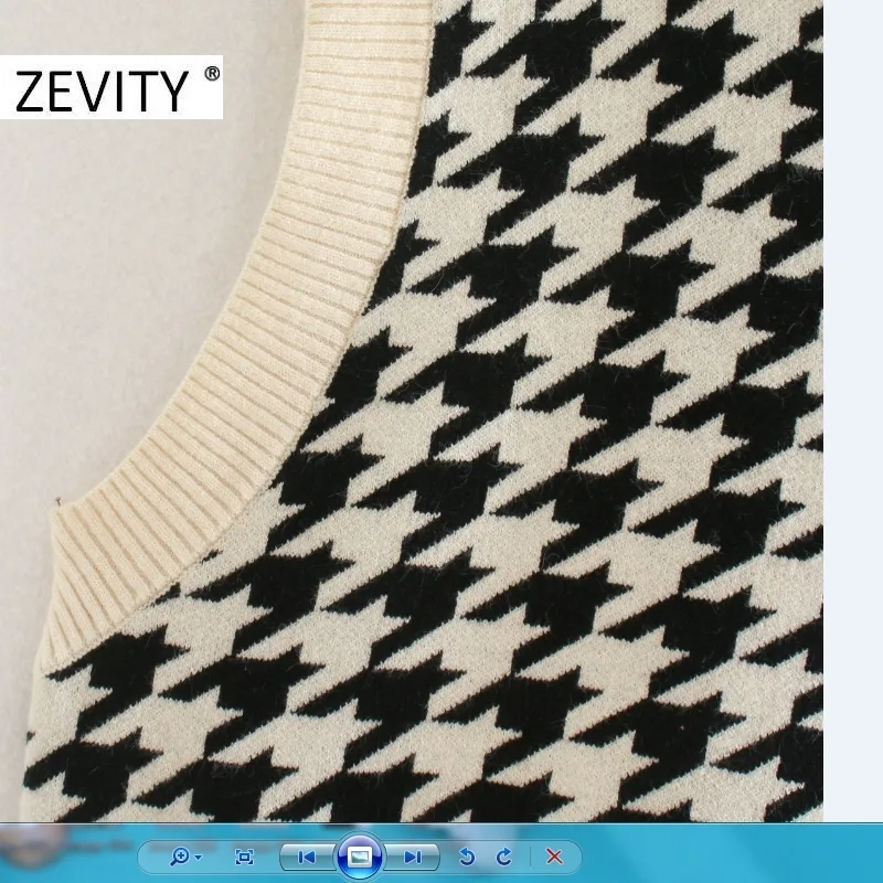 Zevity Women Vintage v Boyun Houndothott Down Baskı Düğmesi Yelek Kazak Kadın Yan Bölünmüş Kazak Şık Leisure Jumper TOPS S448 201221