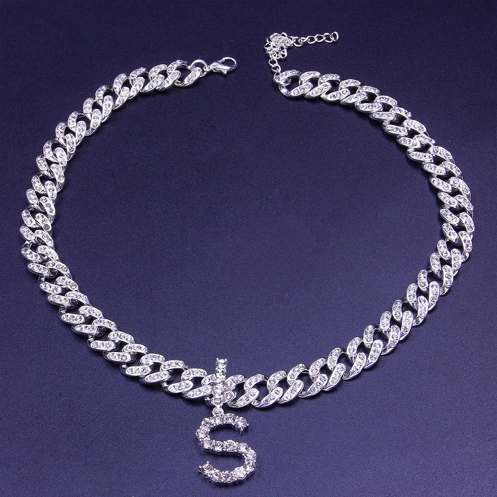StoneFans Rhinestone Cuban Link Initial Letter Necklace Chocker for Women Tennis 26 ALphabet Necklace Pendant Jewelry Whole C0235p