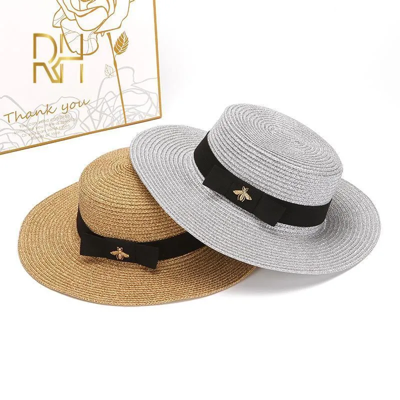 Chapéus lisos femininos chapéus de sol velejadores pequenos com lantejoulas Abelha chapéu de palha chapéu retrô dourado trançado guarda-sol feminino brilho liso boné RH 220712