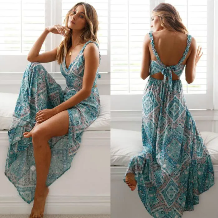Women Sexy Backless Dress 2019 Summer Bohemian Floral Print Long Dresses Femal V Neck Vestidos Plus Size Lady Casual Clothes7507933