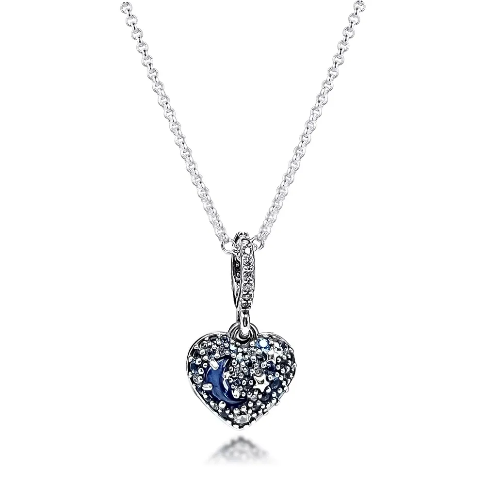 2020 Noël Étincelant Bleu Lune et Étoiles Coeur Collier 925 Bijoux En Argent Sterling chaîne Pendentif Colliers Pour Femmes Hommes Q012277W