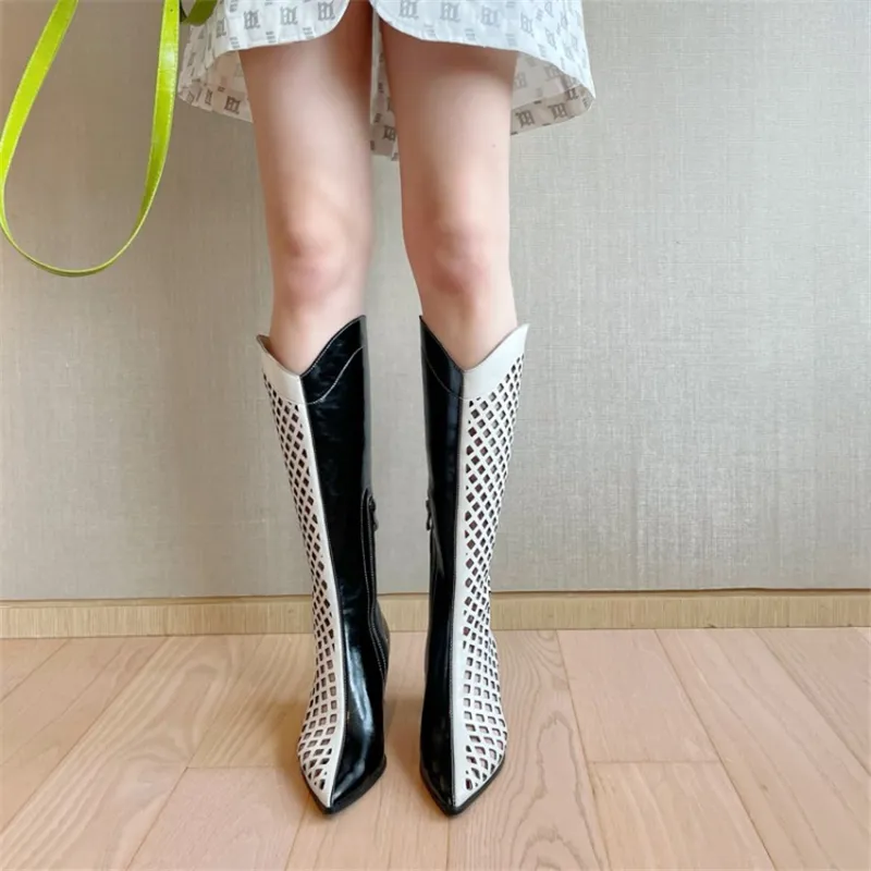 Mode genou-longueur sandales creuses bottes en cuir véritable noir blanc couleur correspondant fermeture éclair bout pointu net bottes femmes trou chaussures