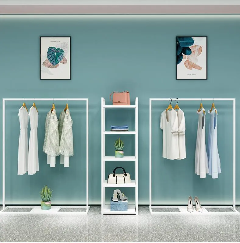متجر ملابس بسيطة عرض رف الطابق من نوع Men's Shop Shop قطعة قماش معلقة رفوف ملابس أبيض ضد Wal241g
