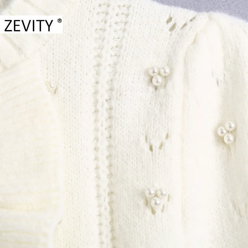 Zevity Women O Neck Agaric Lace Pearl Beading Knitting Sweater Female Chic Puff Sleeve Hollow Out Ruffles Pullover Tops S446 201221
