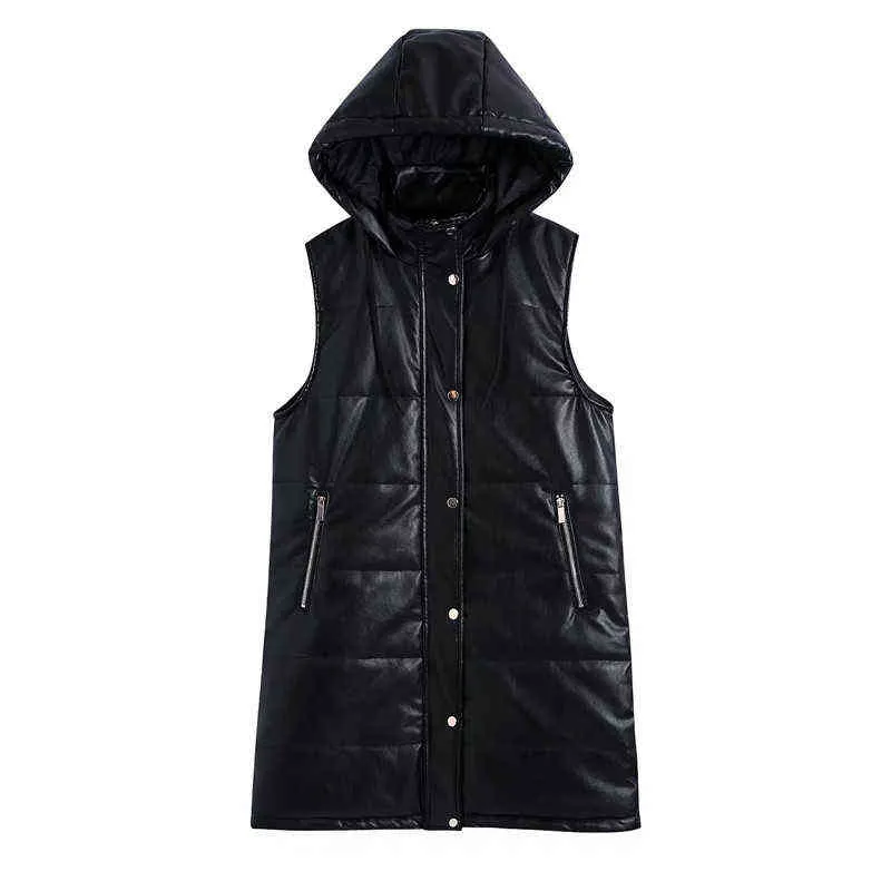 TRAF Women Vest Za Black Long s Faux Leather Sleeveless Jacket Woman Oversize Hooded Beige Fall Warm Zipper Padded 211220