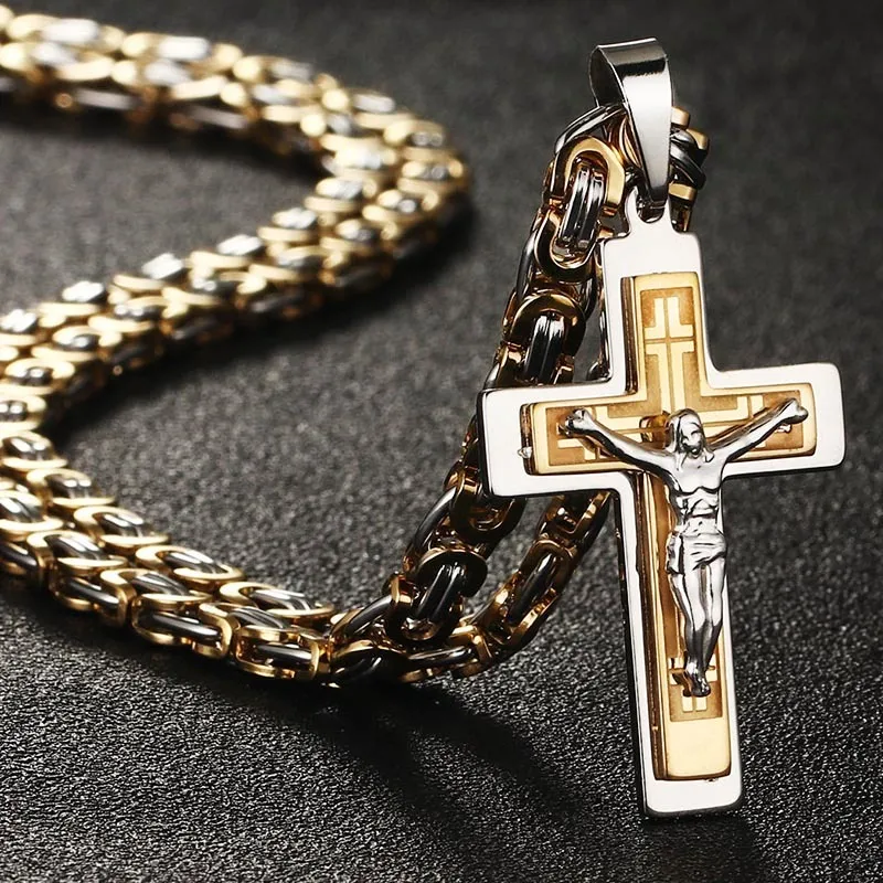 Hombres religiosos Crucifijo de acero inoxidable Cruz colgante collar pesado cadena bizantina collares Jesucristo joyería santa regalos Q112294T