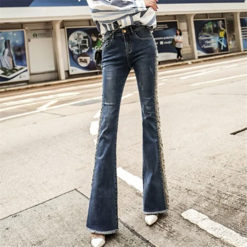 Plus storlek fransade pärla broderade flare jeans kvinnor boot cut byxor avslappnad stretch skinny bell bottom denim byxor streetwear lj201029