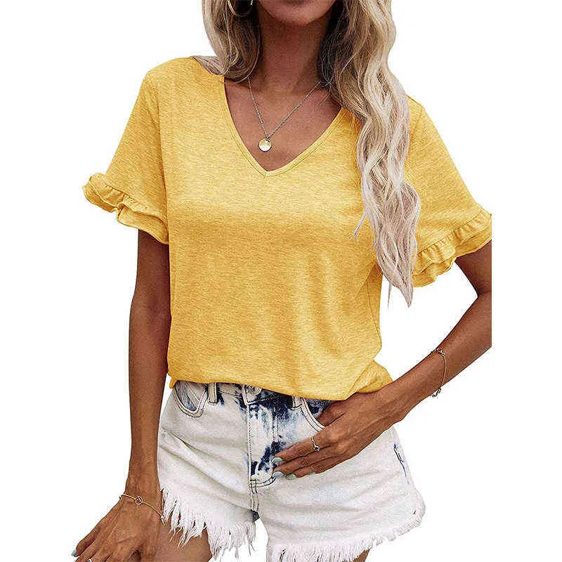 Kobiety Lato Moda Solid Color V-Neck Orzeźwiający Potargany Krótki Rękaw Top Lady Popularność Luźna Dorywczo Multicolor Młodzież T-Shir G220310