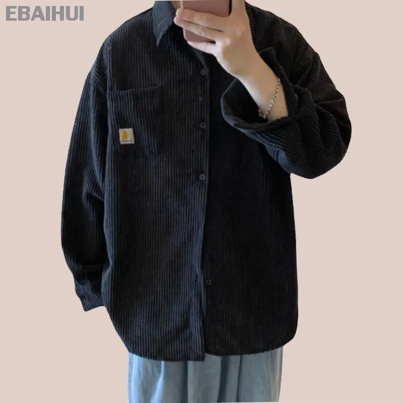 Ebaihui Mäns Casual T Shirts Långärmad Lapel Corduroy Tees Vintage Daglig Andningsbar Sweat-Absorberande Japansk Stil Herrkläder